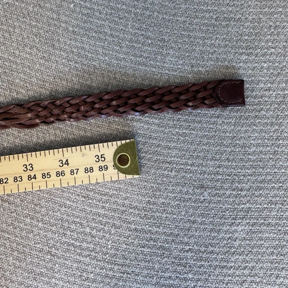 Vintage Classic Brown Leather Woven Belt Brass Buckle Sz S/M Preppy Women’s 549
